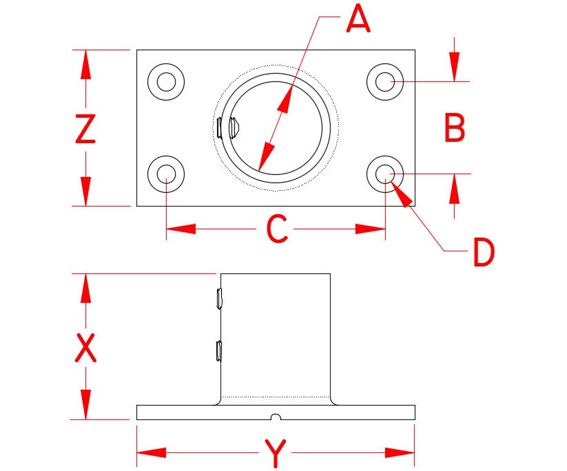 Stainless Steel Rectangular Base - 90 Degree Angle, Railing and Bimini, S3651-0900, S3651-0901, Line Drawing